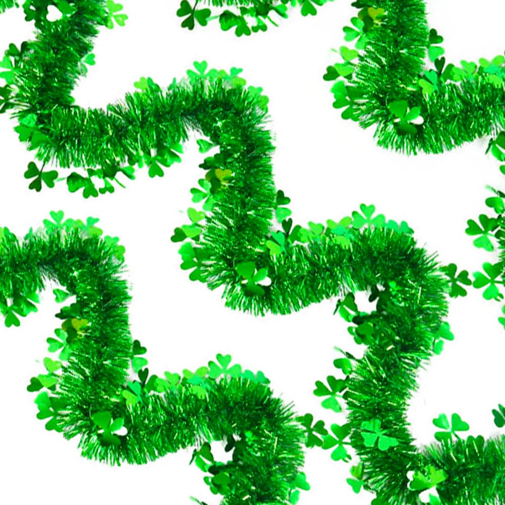 33 Ft St.Patrick's Day Tinsel Garland, Shiny Thick Green Garland with Shamrock Designs Irish Holiday Party Clover Hanging Decorations for Saint Patrick's Day Home Indoor Outdoor Party Decor