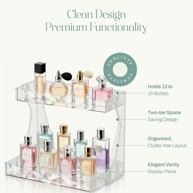 Perfume Organizer for Vanity, Premium Clear Acrylic Makeup Organizer Countertop with Non-Slip Trays, Easy 30-Second Assembly, Holds 12–16 Bottles for Bathroom & Dresser (Crystal Clear)