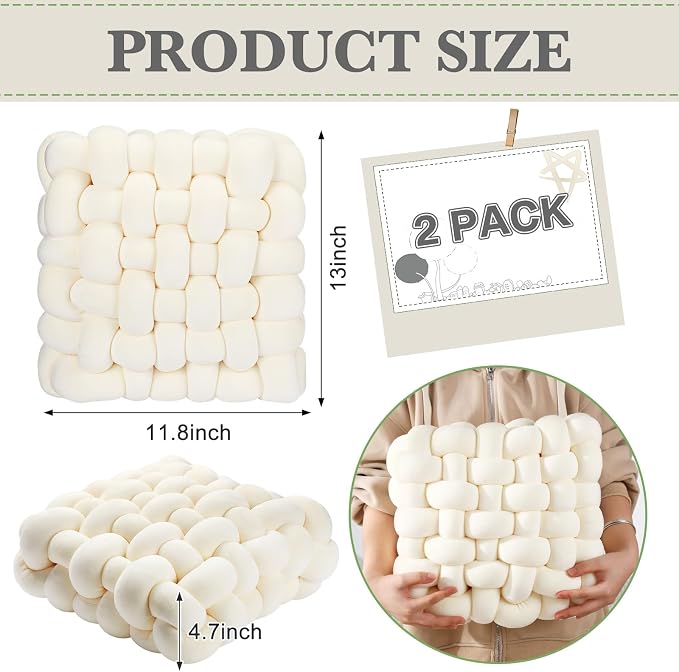 Wenqik 2 Pcs Knot Pillows Square Knotted Plush Throws Soft Accent Pillows Decoration Cushion for Couch Home Office Living Room Bedroom Bed Sofa Decor, 12'' x 13''(Ivory,Crystal Velvet)