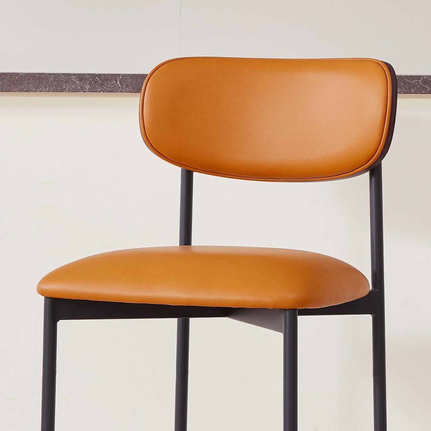GrandNoor Modern Bar Stools Set of 2, 24 Inch Upholstered Brown Faux Leather Counter Height Stools with Curved Backrest & Metal Legs, Wood Grain Back Bar Chairs for Kitchen Island