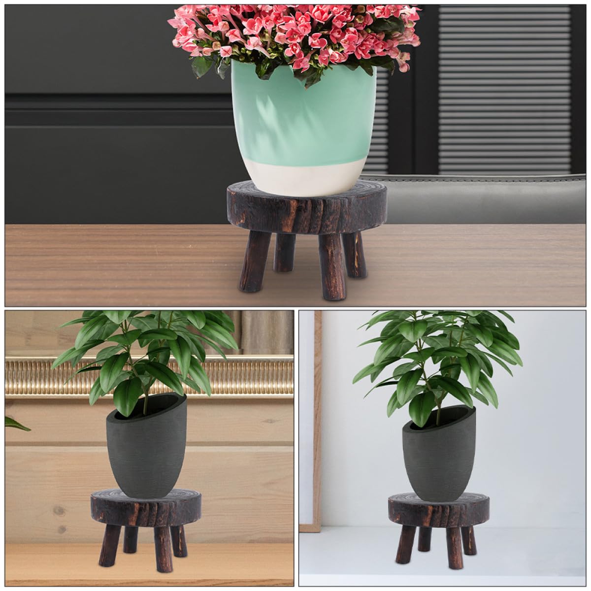 Kisangel Rustic Wooden Plant Stand Stool Xin Copper Finish Decorative Flower Pot Holder Indoor Outdoor Garden Shelf Display for Potted Plants