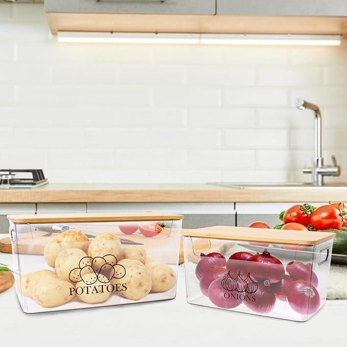 Potato & Onion Storage, Bamboo Lid, Transparent Acrylic Bin, 2 Set Stackable, Pantry & Kitchen Organizer