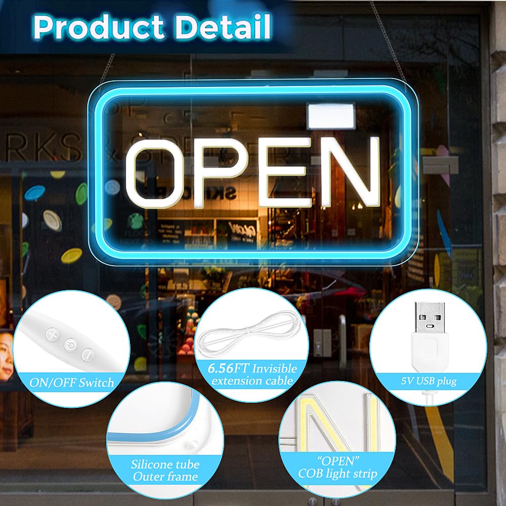 ROLANCHE Open Signs for Business Window, 16"x 9" Neon Open Sign, Bright COB Chip LED Open Sign with ON/OFF Switch & USB Plug, Ice Blue & White Open Light Up Sign for Wall, Shop, Hotel, Horizontal