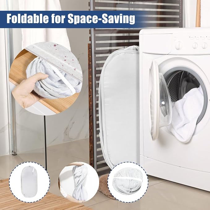 Collapsible Laundry Baskets, Upgrade Pop Up Laundry Hamper with Convenient Bags, Foldable Laundry Basket Mesh Light Weight, Easy to Carry Clothes Hampers for Laundry, Dorm, Toys, Travel White