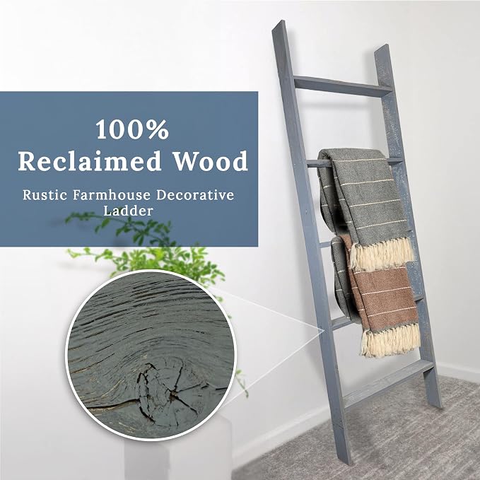 BARNWOODUSA Throw Blanket Ladder – Fully Assembled Reclaimed Wood – Rustic Decorative Ladder for Towels, Quilts, & More – Perfect Farmhouse Decor for Bathroom, Porch, or Living Room,5ft18.
