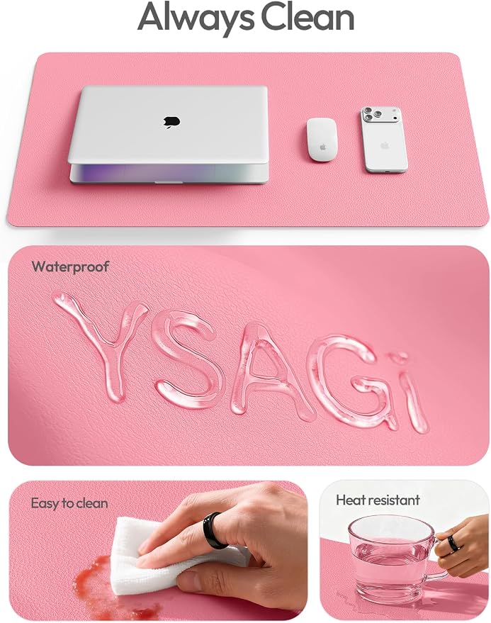 YSAGi Leather Desk Protector, Office Mat, Large Mouse Mat, Non-Slip PU Leather Blotter, Laptop Desk Mat, Waterproof Writing Pad for Office and Home (Pink, 35.4" x 17")