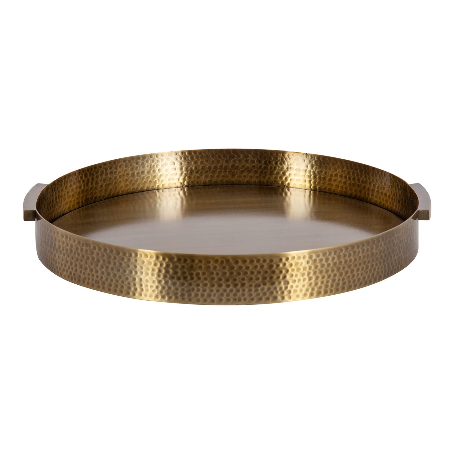 Kate and Laurel Samana Modern Glam Round Metal Tray; 17 Inch Diameter; Antique Brass; Circular Polished Decorative Tray with Hammered Surface and Minimalist Handles
