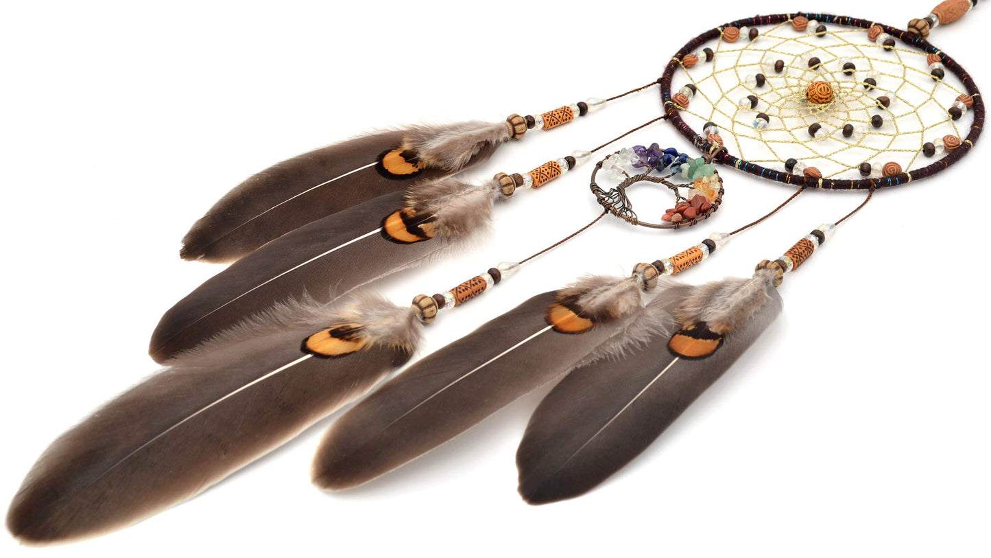 Urdeoms Tree of Life Dream Catchers for Bedroom Adult Brown Boho Dream Catcher Wall Decor for Girls Chakra Crystal Healing Stones Hanging Ornament Room Decoration 18" Length(NO.12)