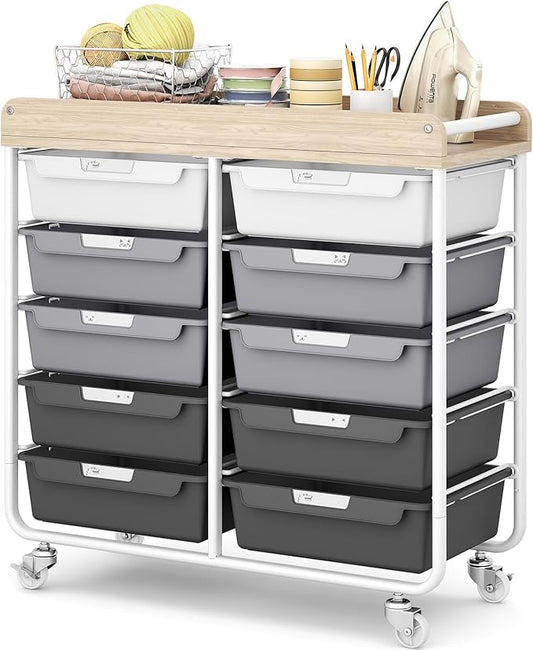 10 Drawers Rolling Cart with Wooden Tabletop, Utility Storage Cart with Wheels, Art Supply Craft Organizer on Wheel with Metal Frame & Handles for Home Office School,Grey