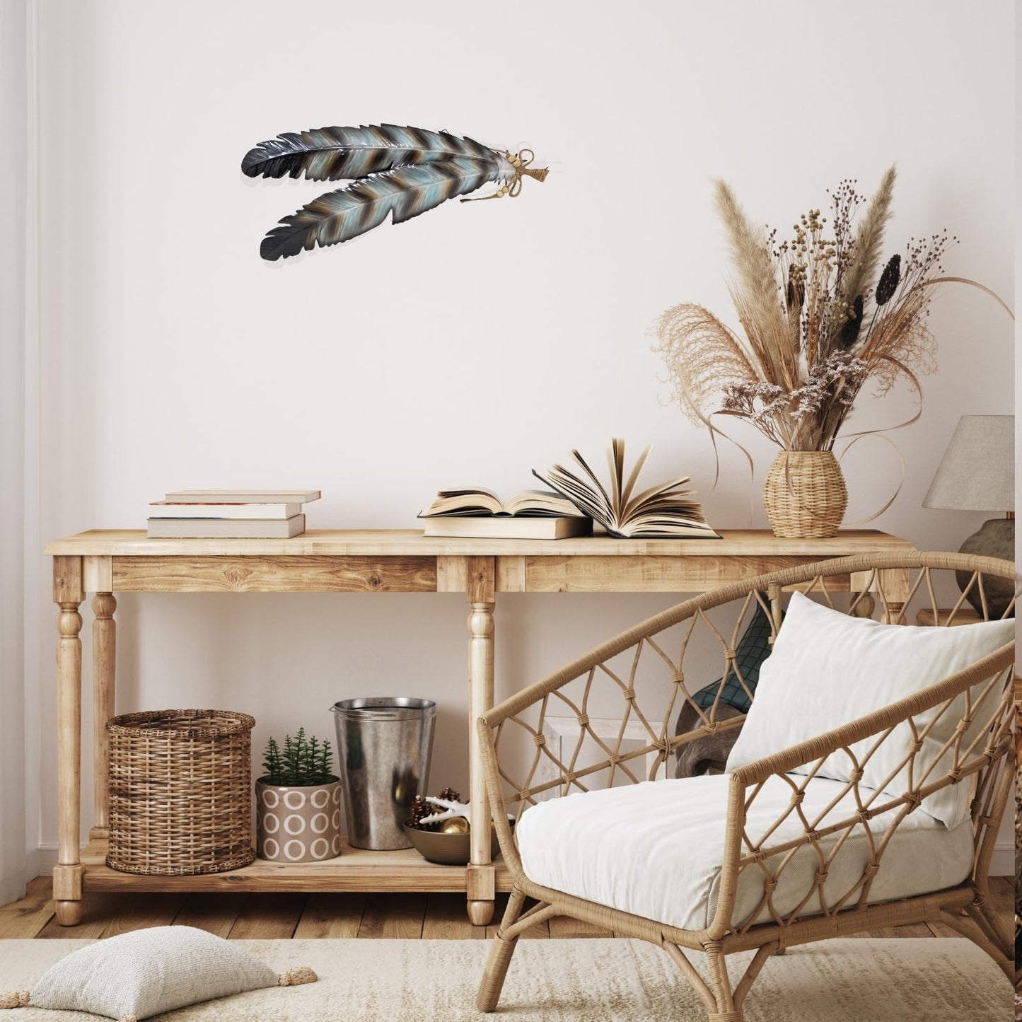AMAJY Rustic Metal Feathers Wall Hanging Décor - Southwest Boho Chic, Rustic, Nature-Inspired, and Spiritual Home Decoration - Metal Wall Art for Living Room, Bedroom, Office - 8x20 Inches