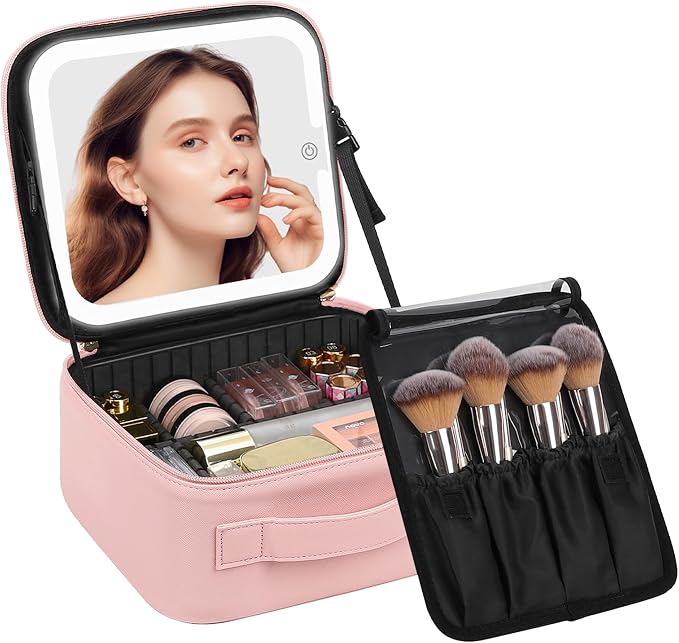 Chomeiu Makeup Bag with LED Mirror, Cute Cosmetic Bags for Women and Girls, Travel Train Case Artists Organizer Large Make Up Bags with 3 Color Light Up Mirror & Removable Brush Compartment, Pink