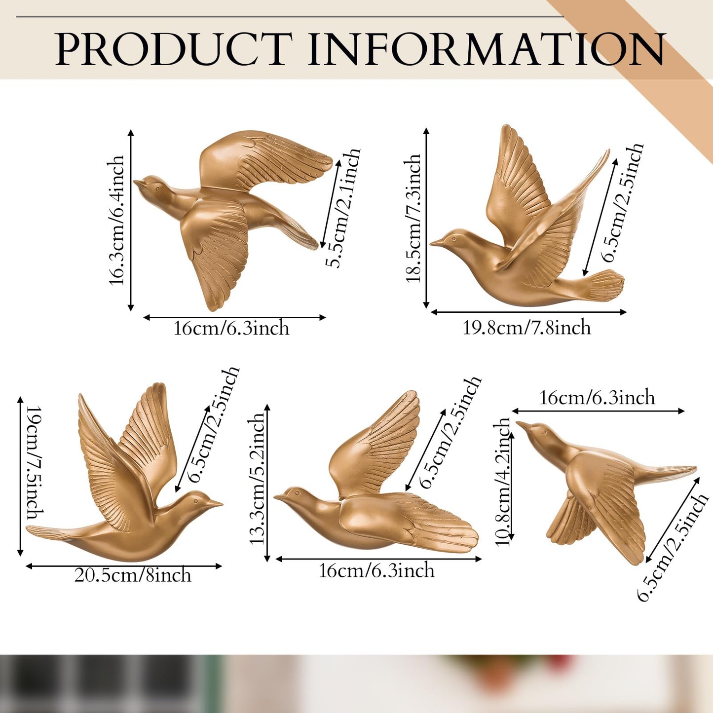 Kathfly 5 Pcs Bird Wall Decor, Resin Gold Bird 3D Wall Art, Flying Swallow Designs with Antique Patina Metal Look Resin Sculpture, Includes Mounting Hardware for Living Room & Bedroom