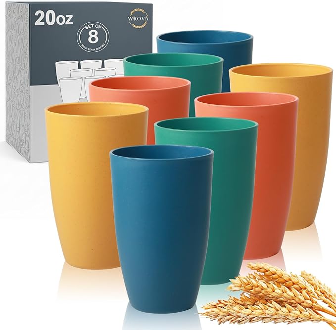 Wrova Wheat Straw Cups Reusable Kitchen Cups Set of 8, Unbreakable 20oz Drinking Cups Alternative to Large Plastic Cups, Dishwasher Safe Big Tumblers & Water Glasses- Vibrant