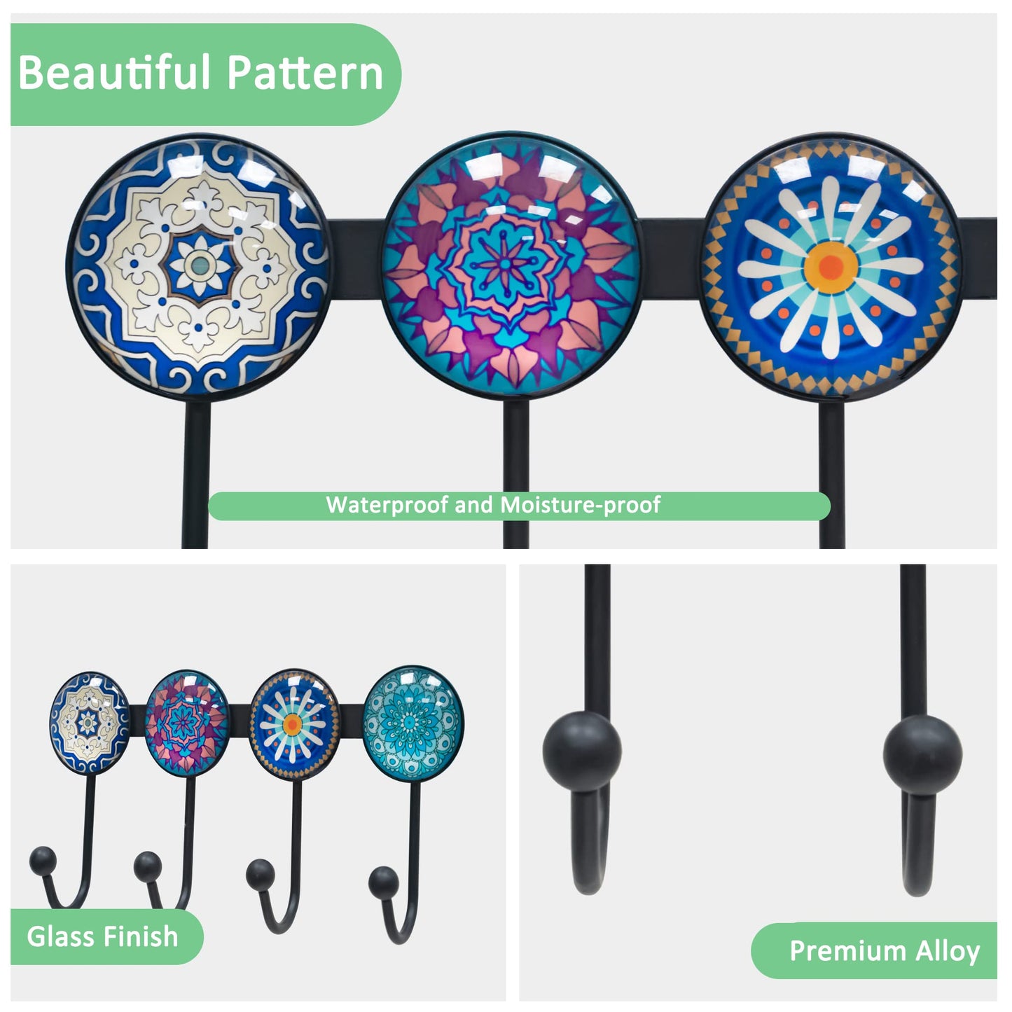 Banllis Coat Rack Wall Mounted with 4 Hooks, Round Blue Pattern Decorative Wall Hooks for Hanging Hat, Key, Towel, Purse, Bag and Robe, for Entryway Bathroom Organizer Hanger