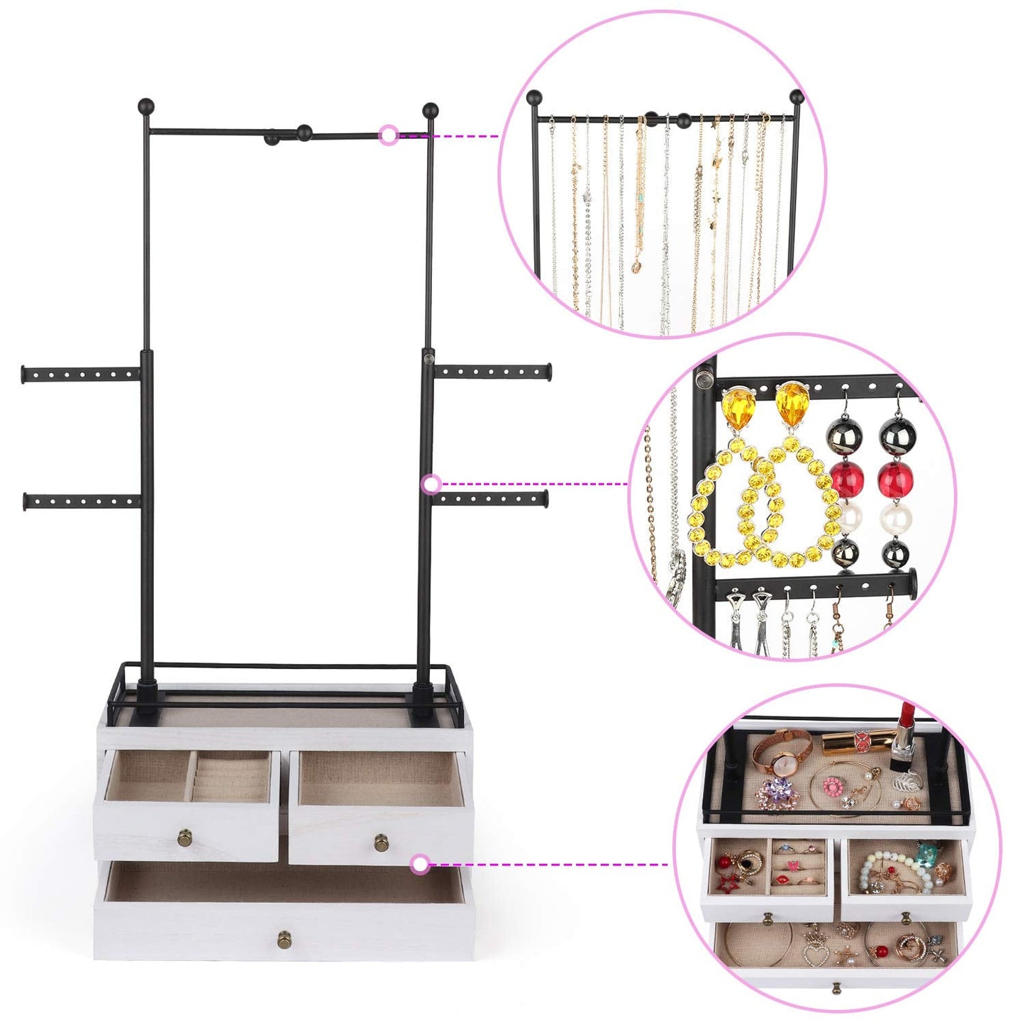 OLAKEE Jewelry Organizer - 2 Layer Wooden Jewelry Drawer Storage Box with 6 Tier Jewelry Tree Stand, Jewelry Display for Necklaces Bracelet Earring Ring (Rustic White)
