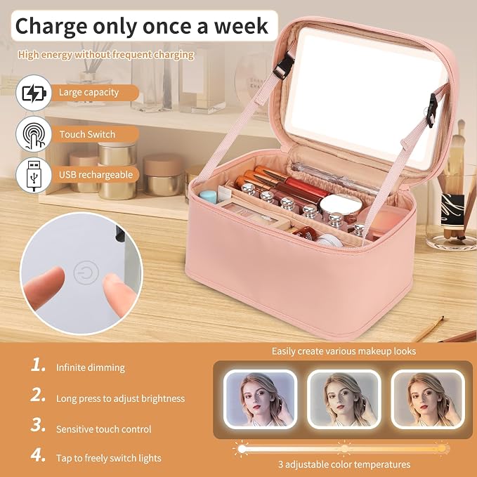 Makeup Bag With LED Mirror, Lightweight Travel Makeup Bag With 3 Color Setting Light Up Mirror Cosmetic Organizer Vanity Case for Women Beauty Tools Accessories Rechargeable Makeup Train Case-Pink