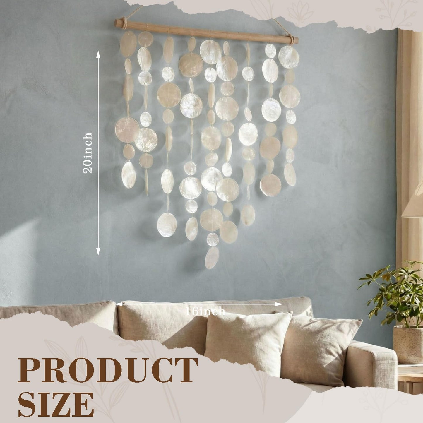 Novabright Handmade Capiz Shell Wall Decor,Boho Coastal Decor with Wooden Hanger Natural Shell Wall Ocean Art Hanging Ornaments for Living Room Bedroom Office(16x20 Inch)