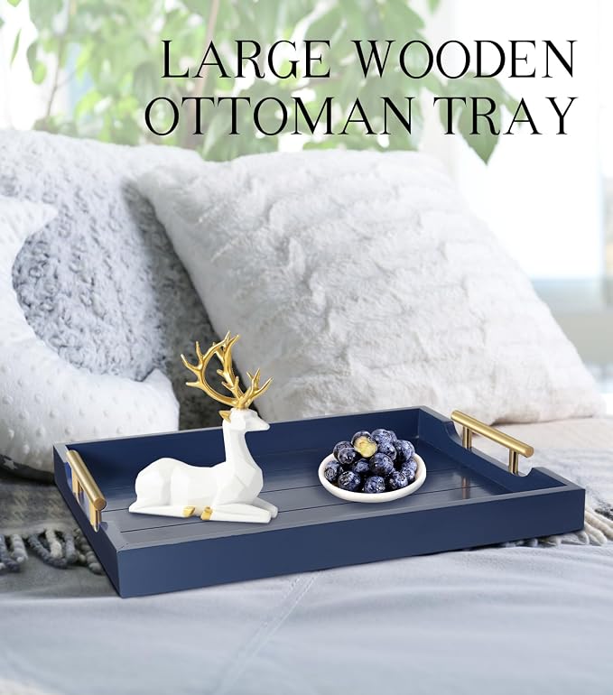 SXNOWS Coffee Table Tray - Large Ottoman Tray for Living Room - Wood Serving Tray with 2 Sets of Handles - Wooden Trays for Coffee Tables, 4 Round Coasters Included, Deep Blue