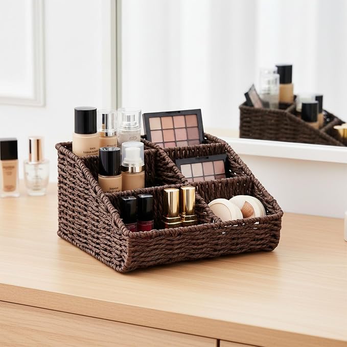 Makeup Organizer, Hand-woven Wicker Basket for Dresser Vanity and Bathroom Countertop, 6 Compartment Skincare Organizer Cosmetic Display Case, Beauty Holder for Lipstick Brush Eyeshadow - Brown