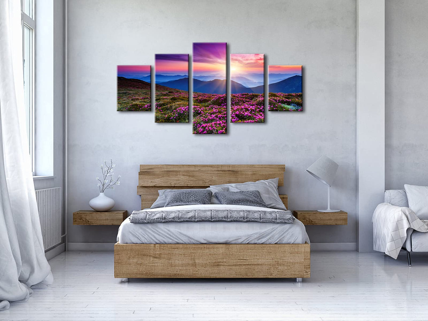 Wieco Art 5 Piece Giclee Canvas Prints Wall Art Large Modern Gallery Wrapped Mountains in Sunrise Artwork Purple Landscape Pictures Paintings Ready to Hang for Bedroom Dining Room Decorations L