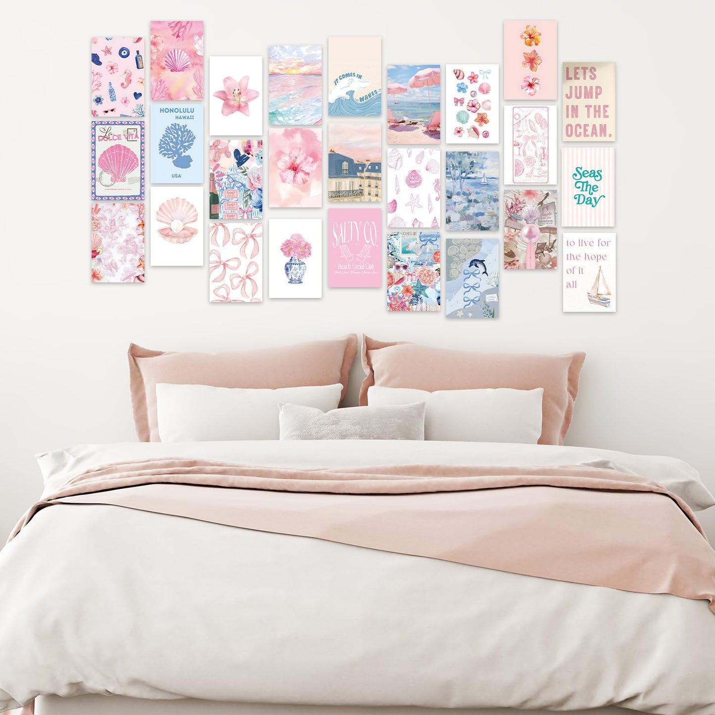 FYSUIMU 50Pcs Coastal Wall Collage Kit Pink Blue Coastal Beach Seashell Art Print Preppy Room Decor Aesthetic Pictures for Bedroom Wall Dorm Home Decor, 4 x 6 Inch