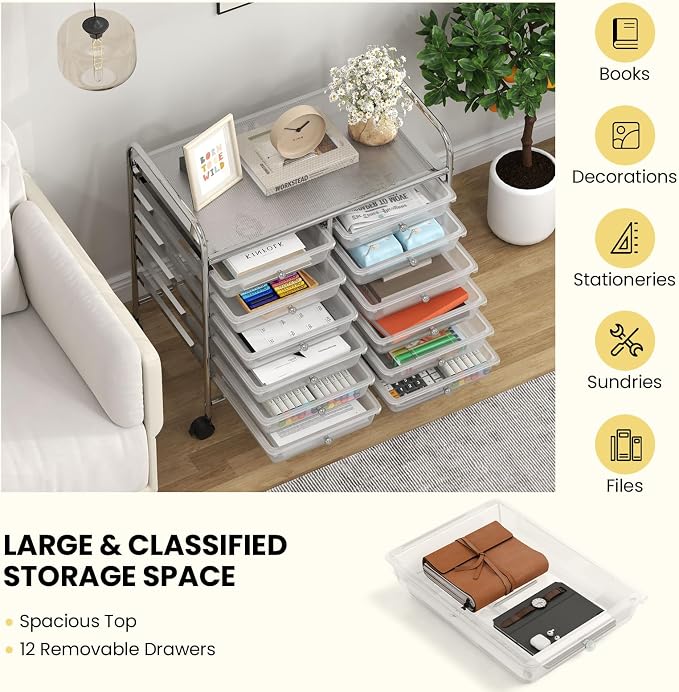 Giantex 12 Drawers Rolling Cart, Mobile Storage Drawer Cart, Classroom Organizer Cart for Office School Supplies Tools Scrapbook Paper Craft Small Printer, Utility Cart on Wheels, Clear