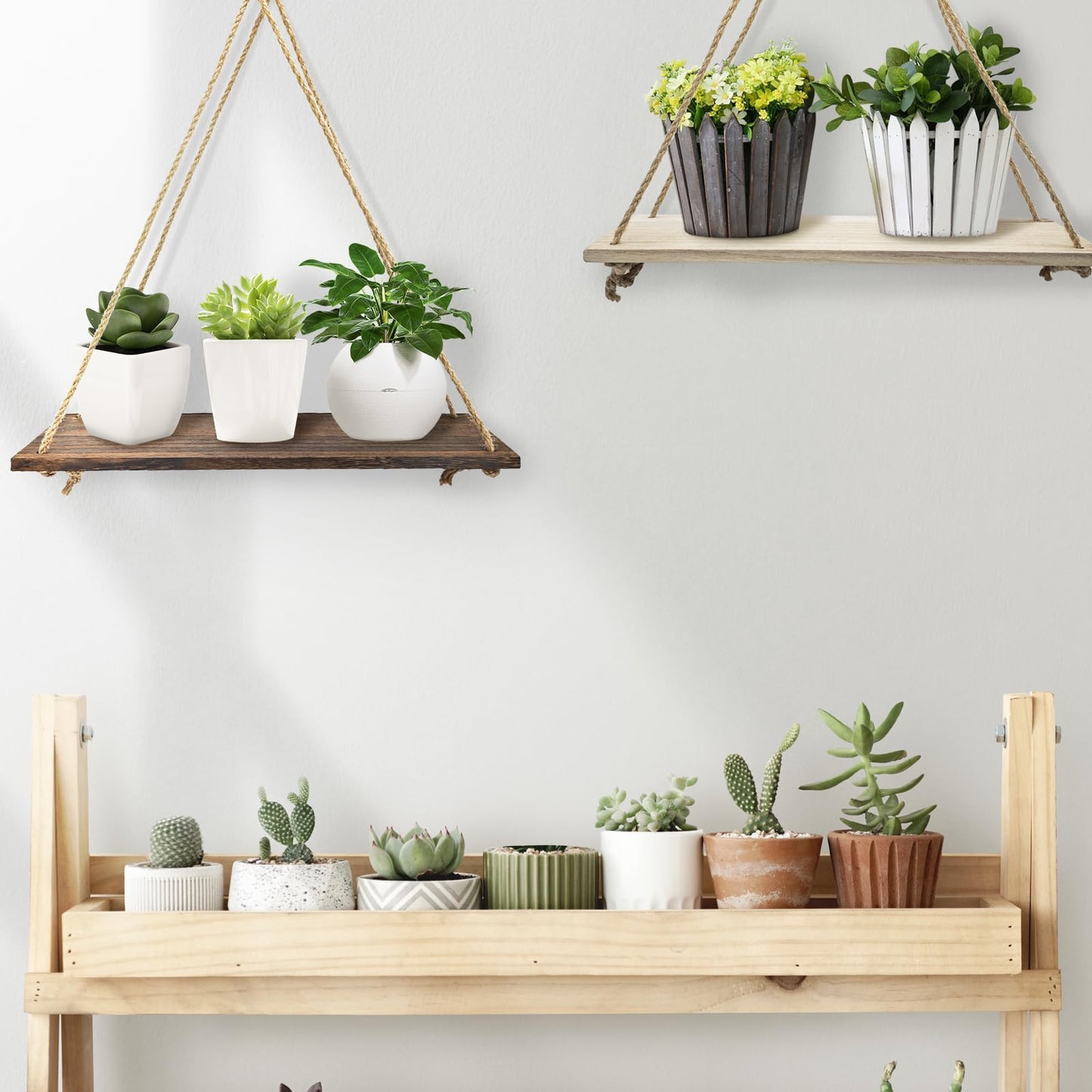 FuninCrea Hanging Shelves for Wall, 13.7×5.5 Inch Rustic Wood Floating Shelves with Swing Rope, Decorative Hanging Wall Shelf Photo Plant Display Shelf for Living Room Bedroom (Dark Brown)