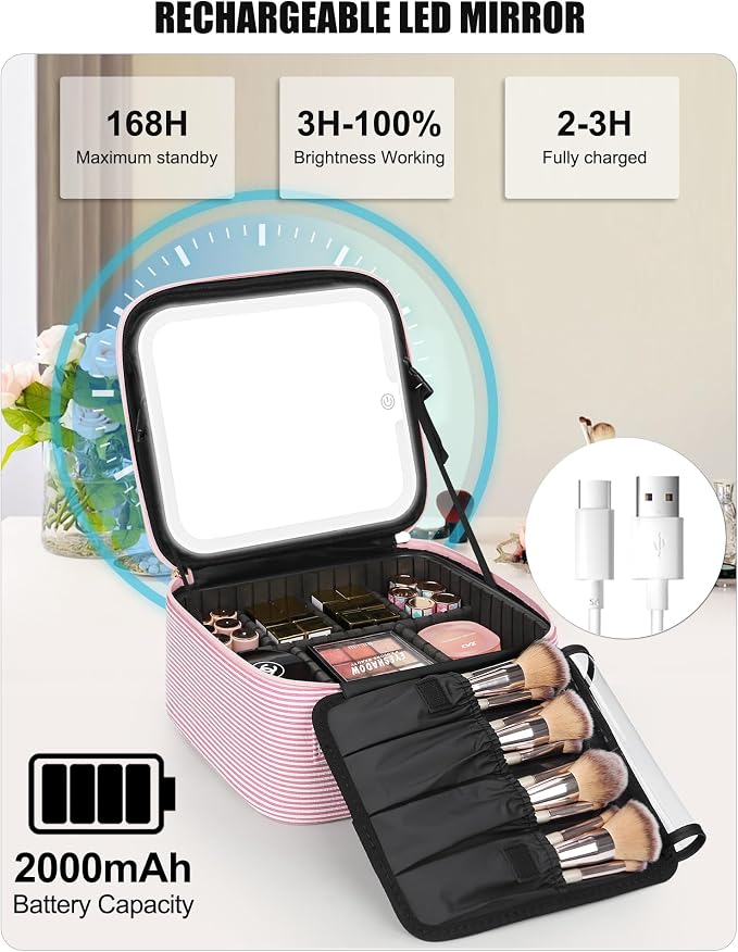 Relavel Travel Makeup Bag With LED Mirror, Portable Cosmetic Bag Organizer with Adjustable Brightness in 3 Color Scenarios, Small Cute Train Case with Detachable Dividers for Trip- Pink Strip