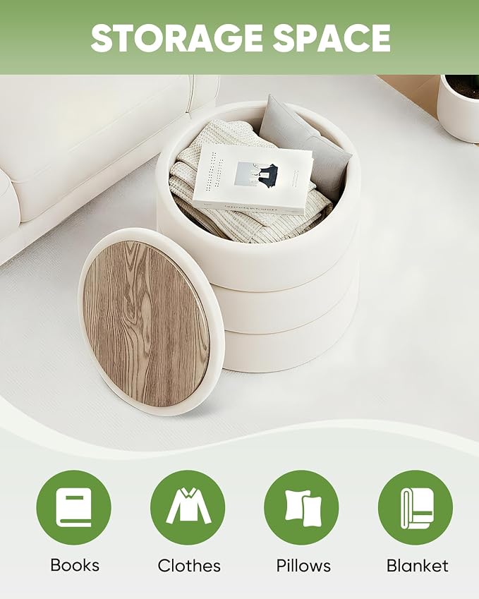 B FSOBEIIALEO Round Velvet Storage Ottoman with Tray, Folding Ottoman with Storage Coffee Table Foot Rest for Dorm Room, Living Room White, 15.35"x15.35"x14.57"