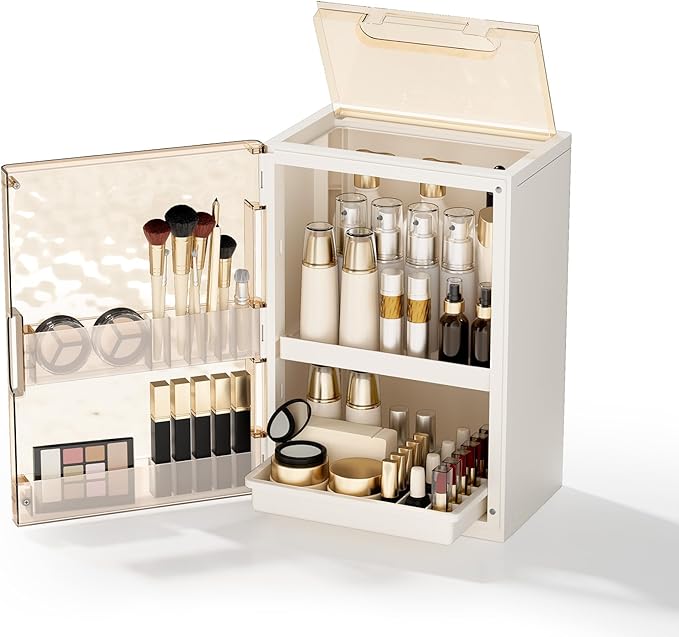Makeup Organizer with Drawers and Lid, Large Skincare Organizer for Vanity, Dustproof Cosmetic Organizer and Makeup Storage Box with Brush Holder for Dresser, Bathroom Countertop