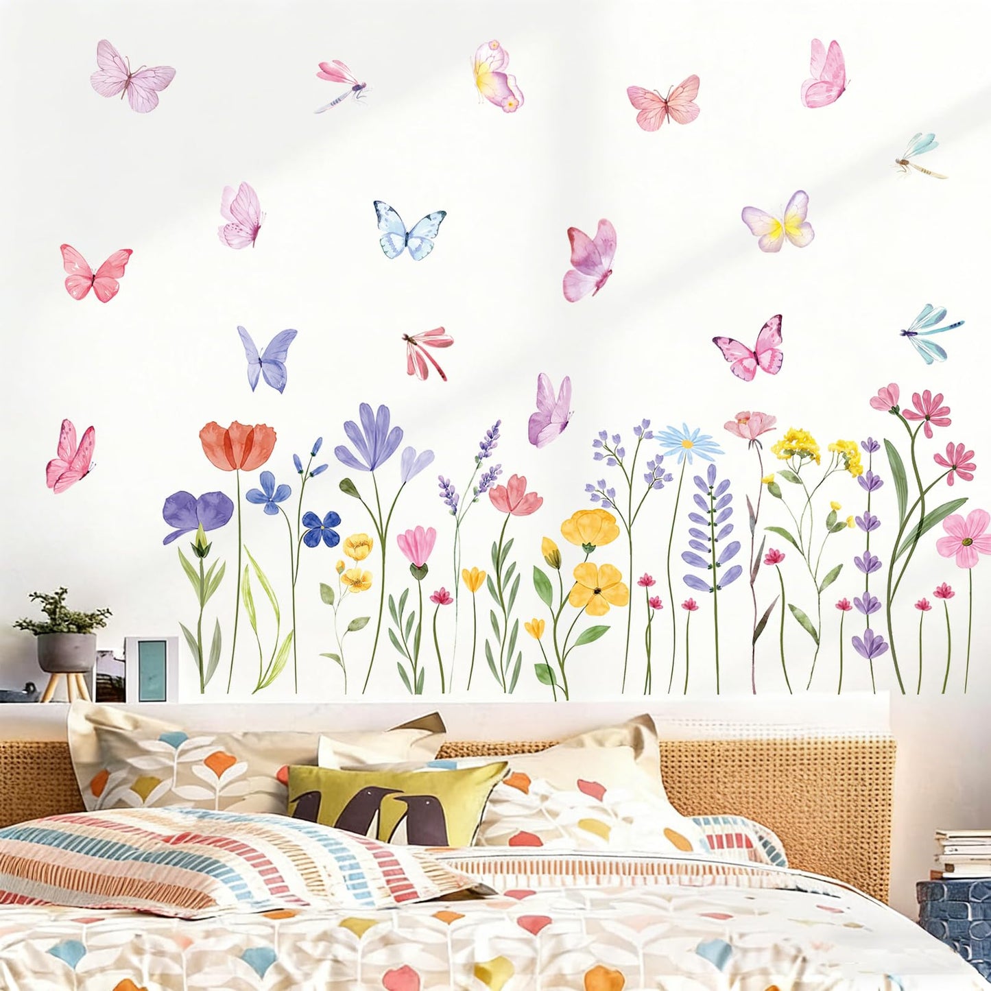 Flower Wall Decals - 8 Sheets 60 Pcs Floral Butterfly Wall Stickers Peel and Stick Wildflower Wall Decals for Girls Bedroom Living Room Home Office Wall Décor