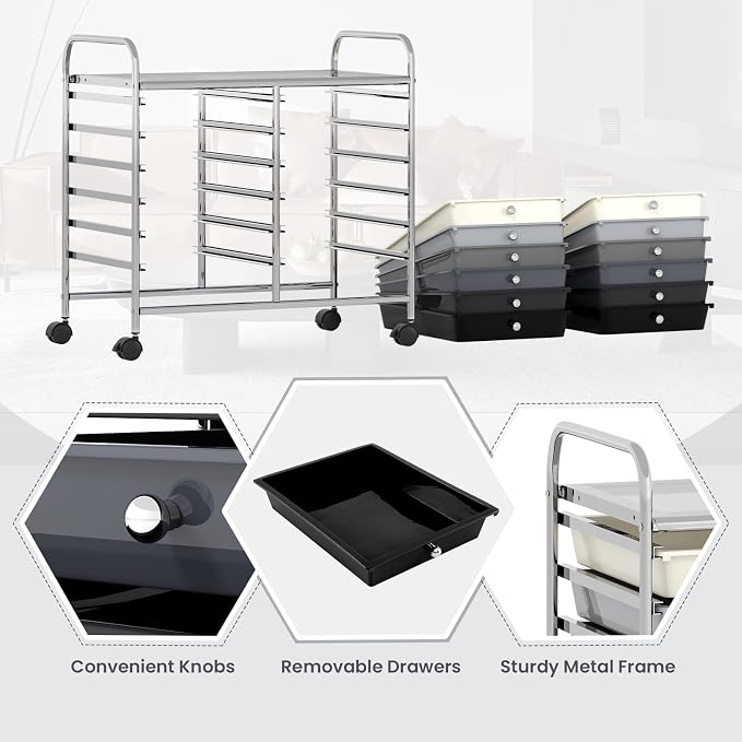 COSTWAY 12-Drawer Rolling Storage Cart, Utility Storage Organizer Cart for Tools, Scrapbook, Paper, Craft, Multipurpose Art Supply Organizer on Wheels for Home Office School, Teacher, Mixed Black