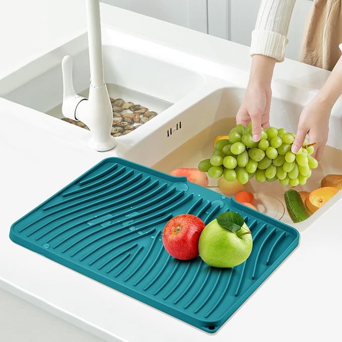 TIKNIK Silicone Dish Drying Mat for Kitchen Counter - Heat Resistant & Non-Slip Dish Drain Pad with Built-In Drain, Dishwasher Safe, Quick-Dry, Hangable & Roll-Up for Storage, Green-1pcs, 16" x 12"