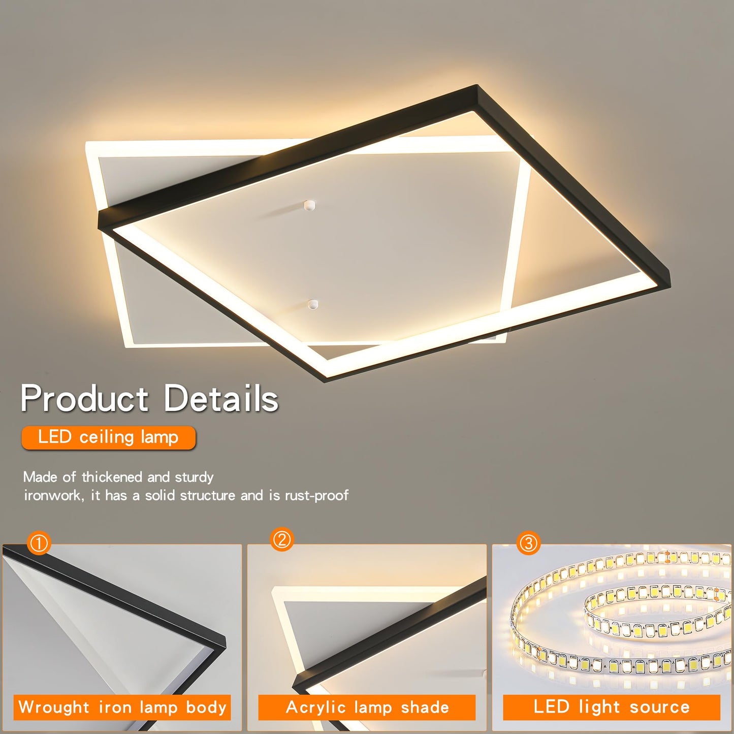 Shine LUEST Black Modern LED Bedroom Ceiling Light Dimmable Flush Mount Ceiling Light Fixture 22" Square Ceiling Lamp with Remote Control Kitchen Lighting Fixture Ceiling,Suitable for Bedroom,Hallways