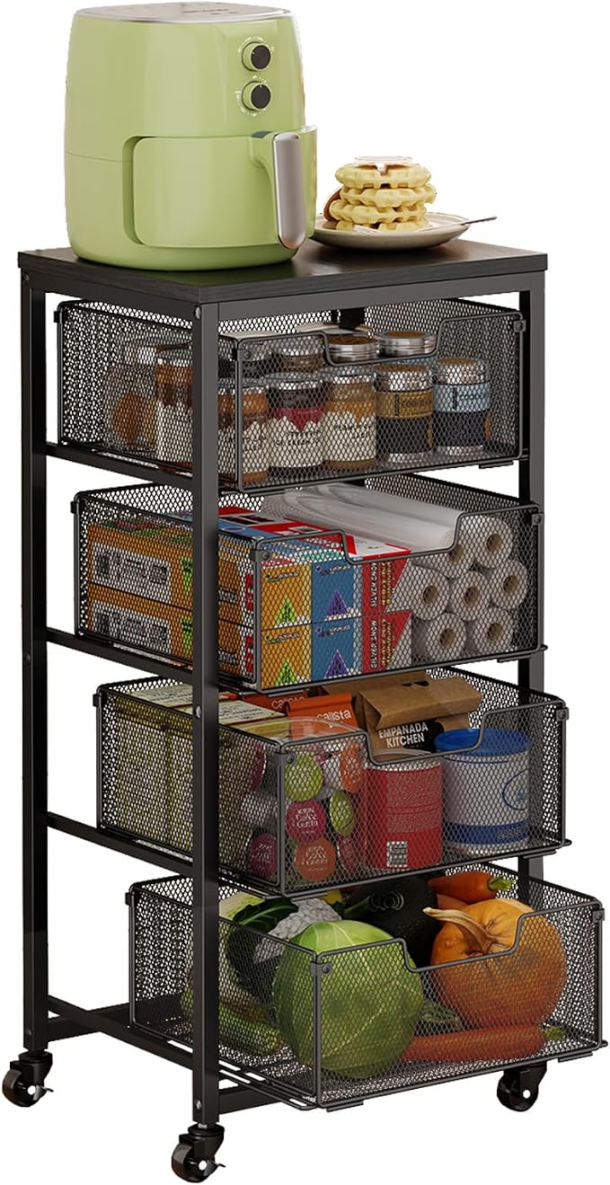 4-Tier Fruit Vegetable Storage Cart - Kitchen Organizer and Storage Cart with Wheels, Wooden Top Metal Wire Fruit Vegetable Rack Stand with Drawers to Storage Cans Snacks for Kitchen(Patent Pending)