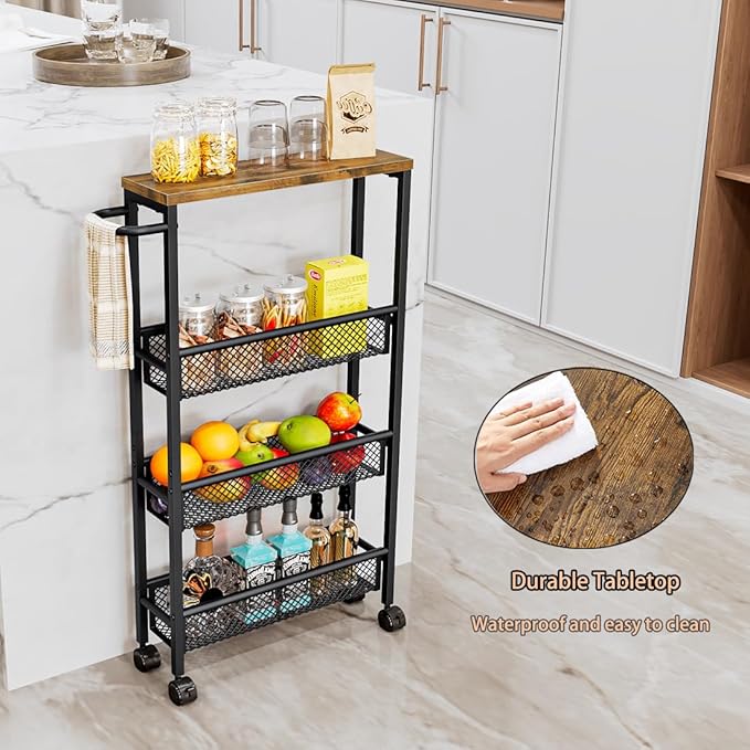 AZERPIAN Slim Rolling Cart 4 Tier Narrow Storage Cart on Wheels with MDF Board Top and Metal Handle for Small Space Kitchen Living Room Home Office Pantry Bathroom Laundry Room(16.54×5.12×30.31 inch)