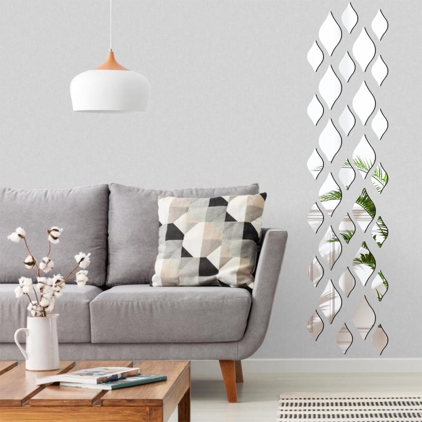 DARENYI 32Pcs Silver Teardop Mirror Wall Stickers Shatterproof Acrylic Mirror Tiles Self Adhesive Wall Decor Decals for Living Room, Bathroom, Bedroom, TV Background, Entryway Decor