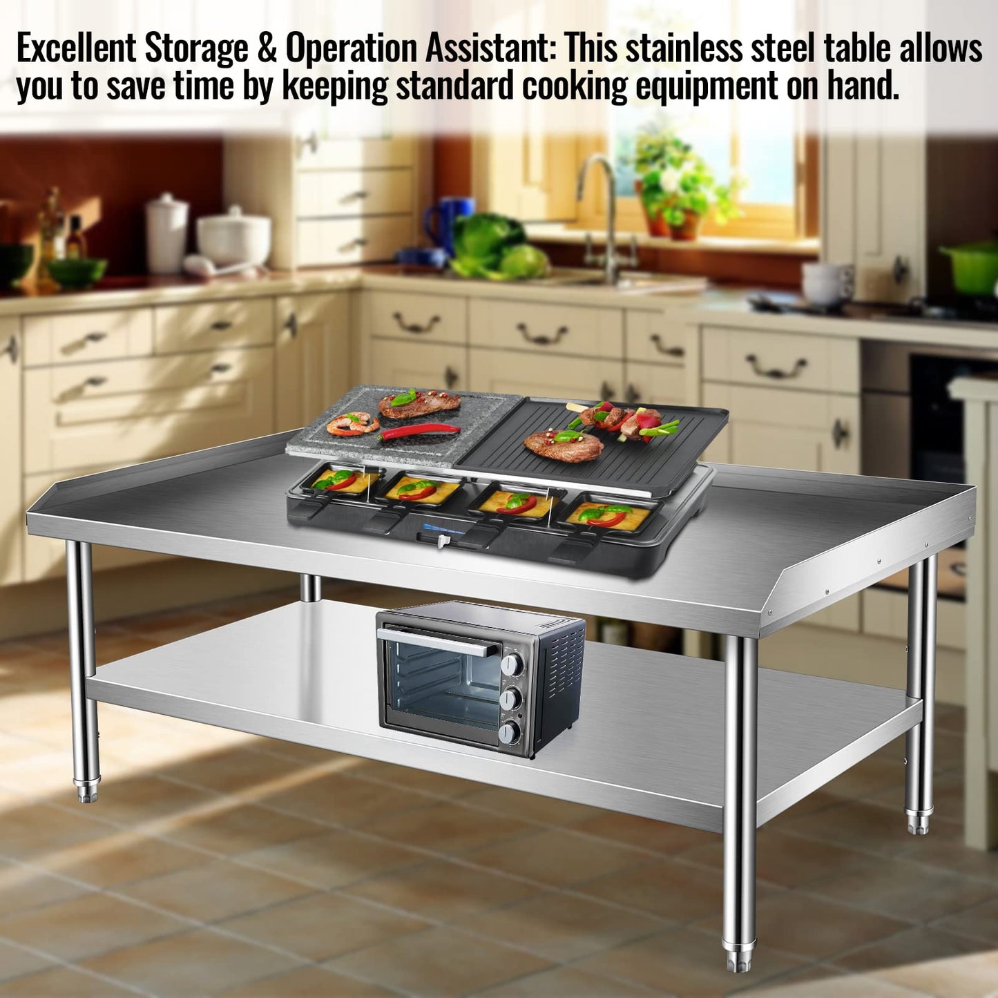 Stainless Steel Equipment Stand with Undershelf, NSF Commercial Prep & Work Table with Rear and Side Risers, Heavy Duty Grill for Kitchen, Bar, Restaurant, Home and Hotel,60x30x24"
