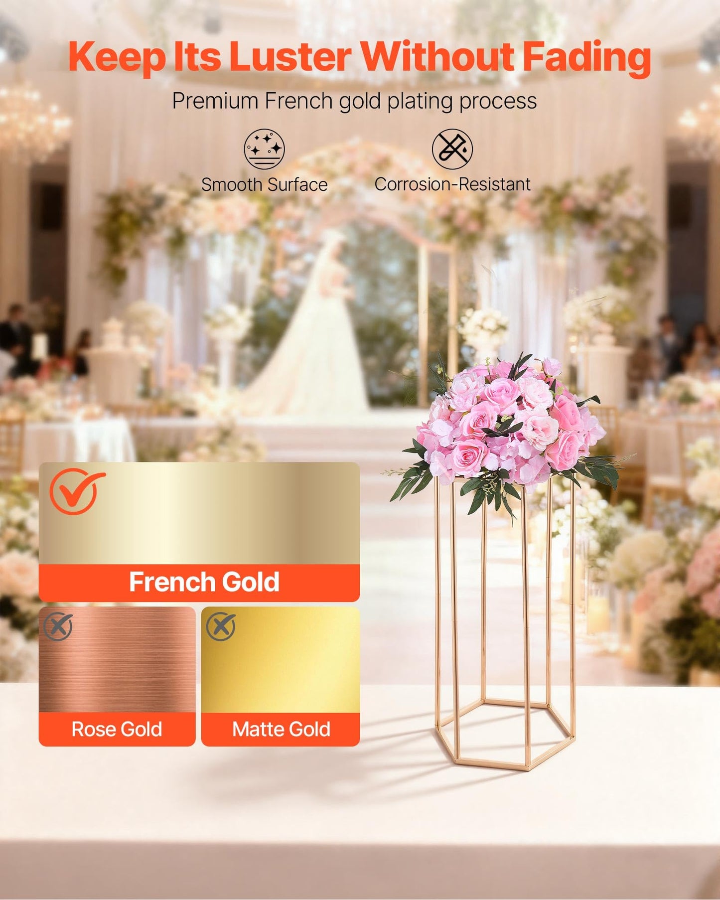 VEVOR Wedding Flower Stand, 10PCS 23.62-inch Column Flower Stand, Floral Stands with Acrylic Laminate, Hexagonal Cubic Floral Display Rack for Wedding, Party, Birthday, Home,French Gold Stands