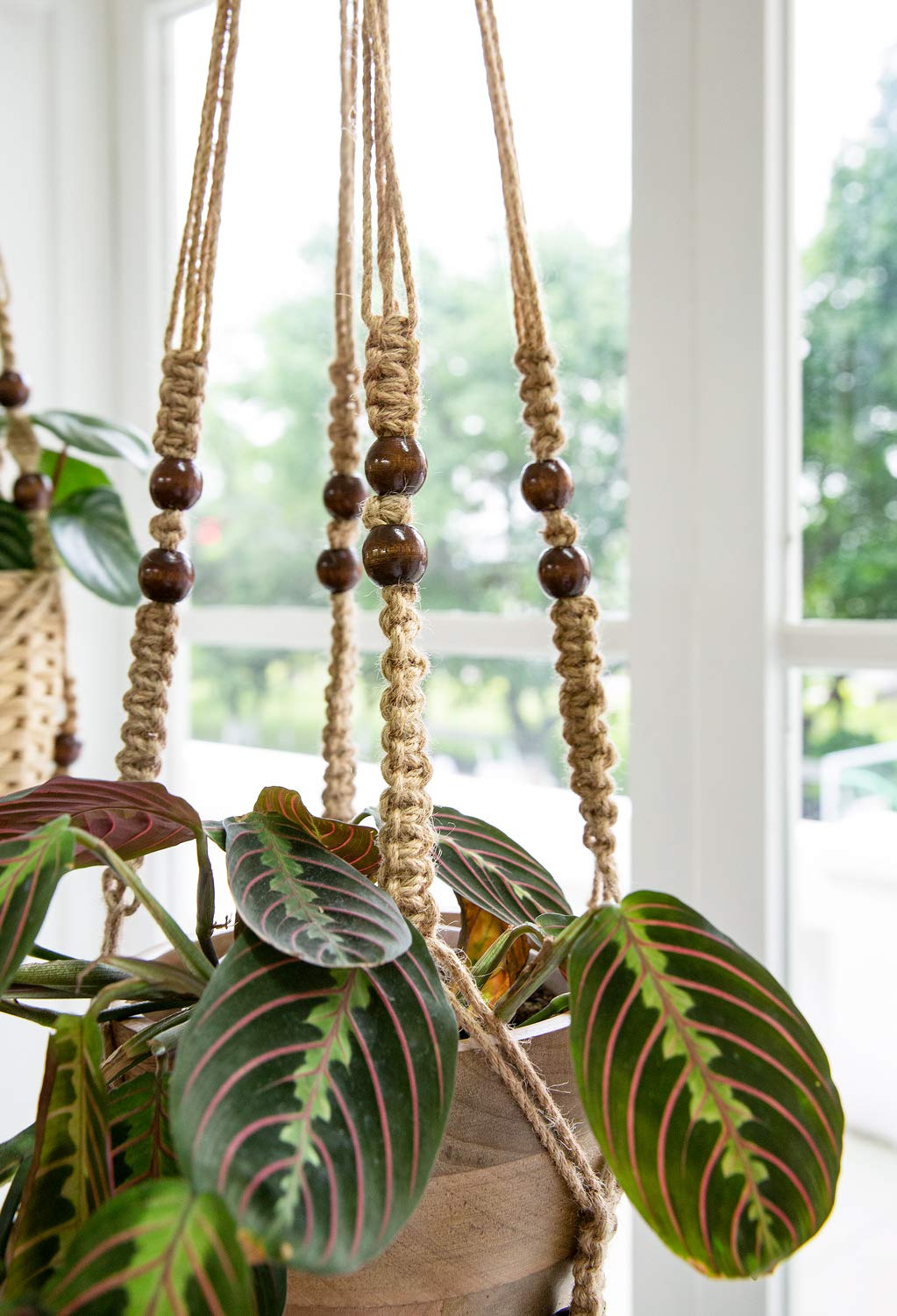 Mkono Macrame Plant Hangers Indoor Jute Hanging Planter Basket and Ceiling Hooks, Wood Beads Decorative Flower Pot Holder for Indoor Outdoor Boho Home Decor,Brown，Set of 2