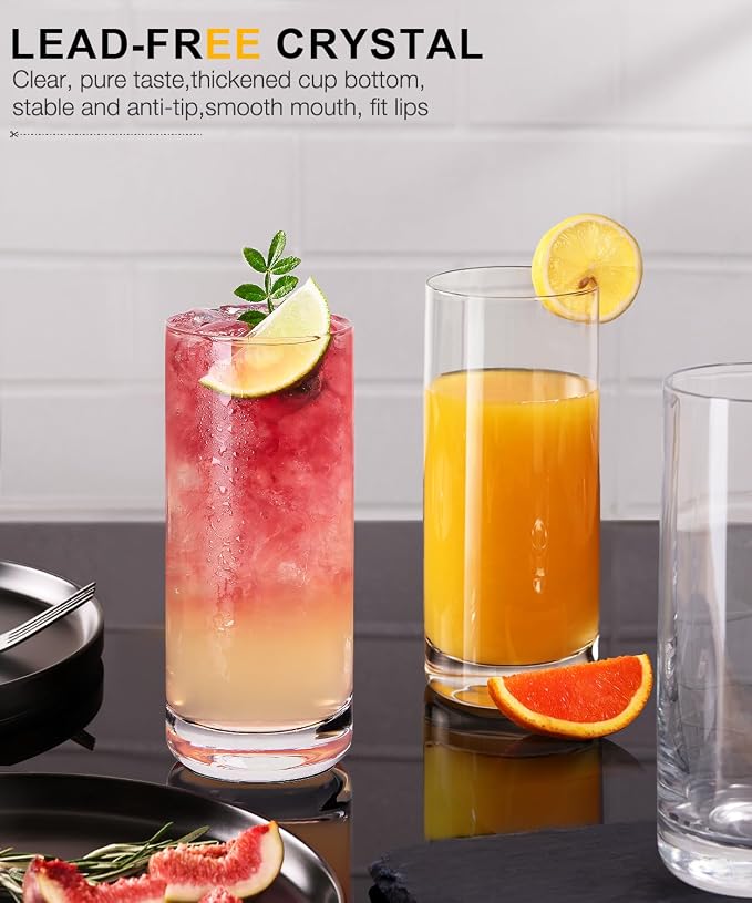 LUNA & MANTHA Drinking Water Glasses Set, Lead-Free Crystal Highball Glass, Tall Glass Cups for Cocktail Parties,Clear set of 6,13oz