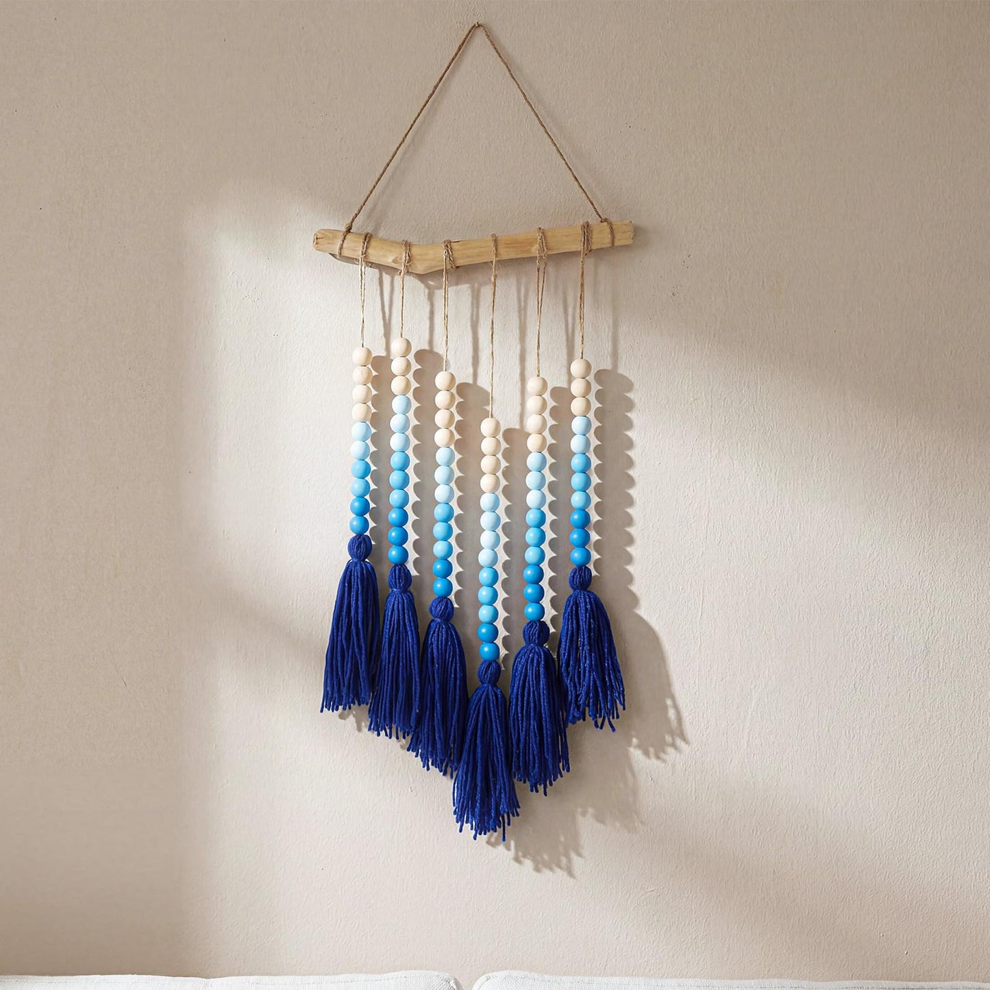 Suncalla Large Macramé Boho Chic Wooden Bead Wall Hanging Tapestry Decor Blue Bead Bedroom Art Decor with Tassels for Living Room Apartment Home Nursery Birthday Party Backdrop