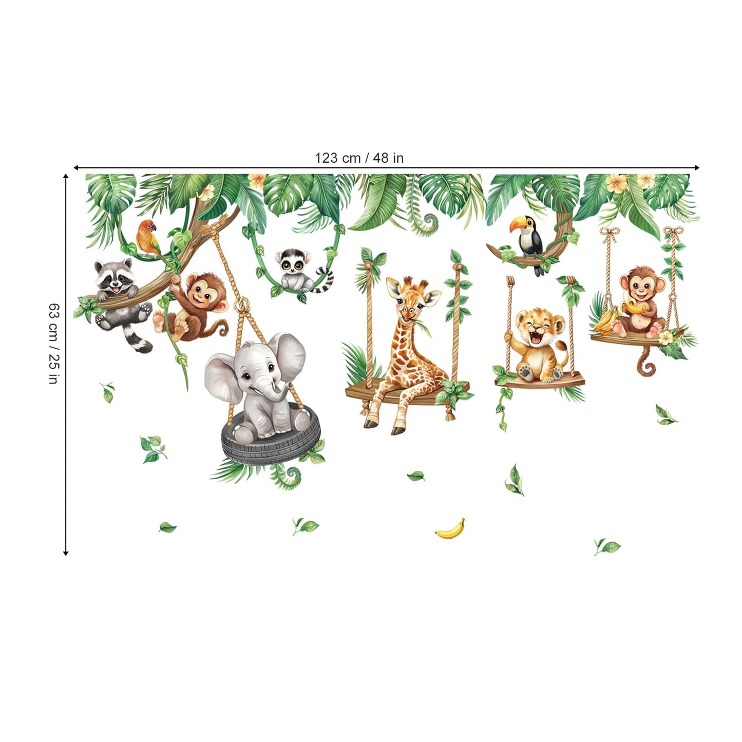 decalmile Jungle Animal on Swings Wall Stickers Safari Animal Elephant Giraffe Monkey Tropical Leaves Wall Decals Baby Nursery Kids Room Wall Decor