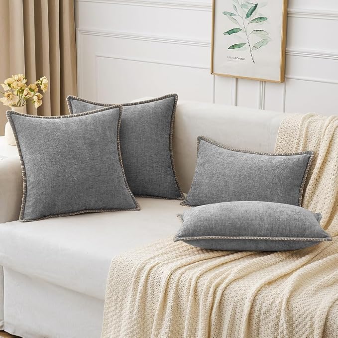 MIULEE Pack of 2 Couch Throw Pillow Covers 18x18 Inch Dark Gray Farmhouse Decorative Pillow Covers with Stitched Edge Soft Chenille Solid Dyed Pillow Covers for Sofa Bed Living Room