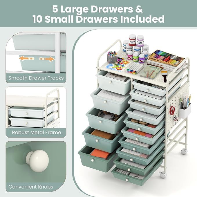 Giantex 15 Drawer Storage Cart, Rolling Craft Cart with Metal Tabletop & Pegboard, Mobile Utility Organizer Trolley with Locking Wheels, Home Office, Green Gradient