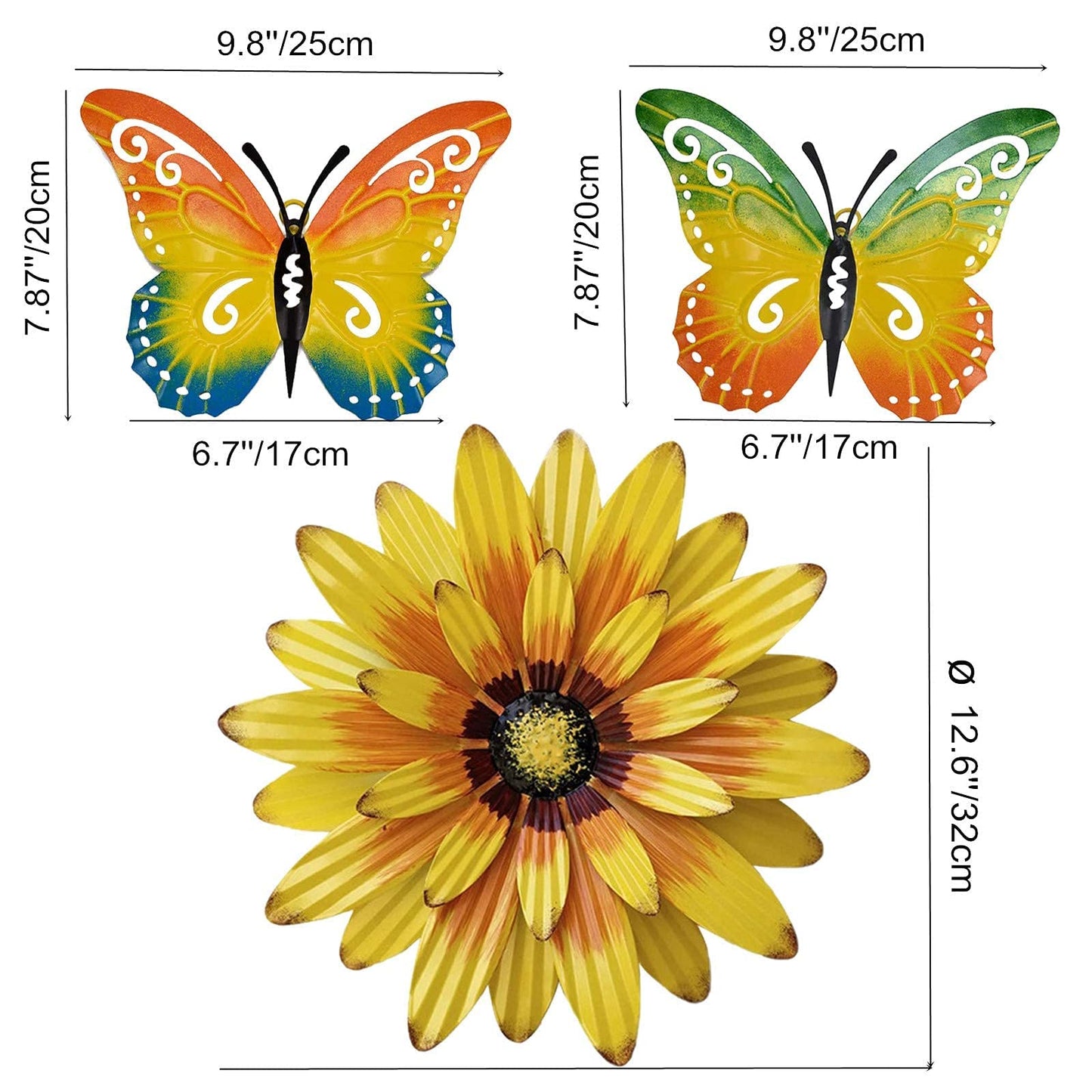 Meduofon Metal Flowers Wall Decor and Butterfly Wall Art, 3 Pack Metal Outdoor Wall Art Decor, Fence Art Wall Sculptures for Indoor Outside Garden Patio Decorations (Yellow&Green)