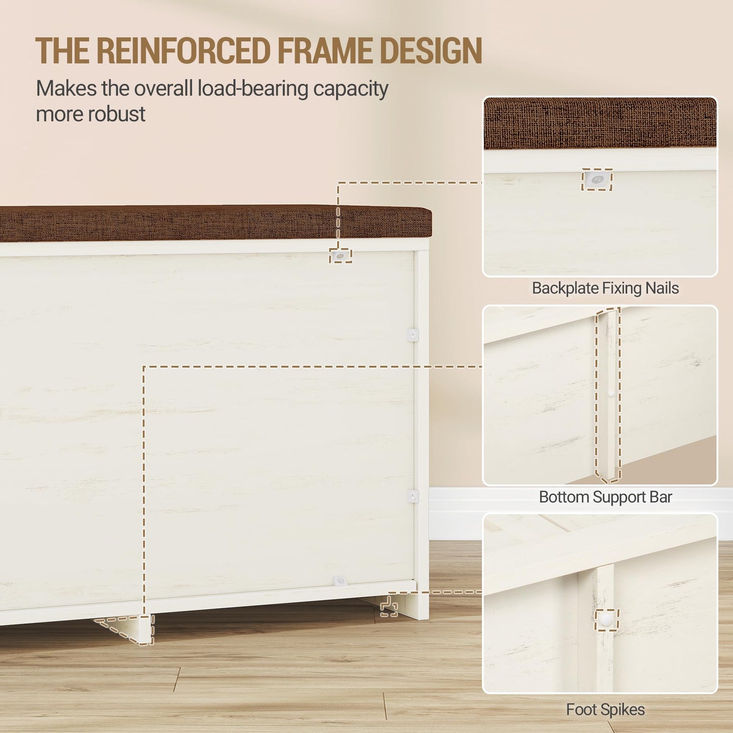 Hzuaneri 2 Tier Shoe Storage Bench with Doors, 47.2" Farmhouse Shoe Bench with Padded Cushion, 12 Pairs of Bed End Bench, Entryway Bench with Storage for Bedroom, Living Room, Rustic White SB61214KA