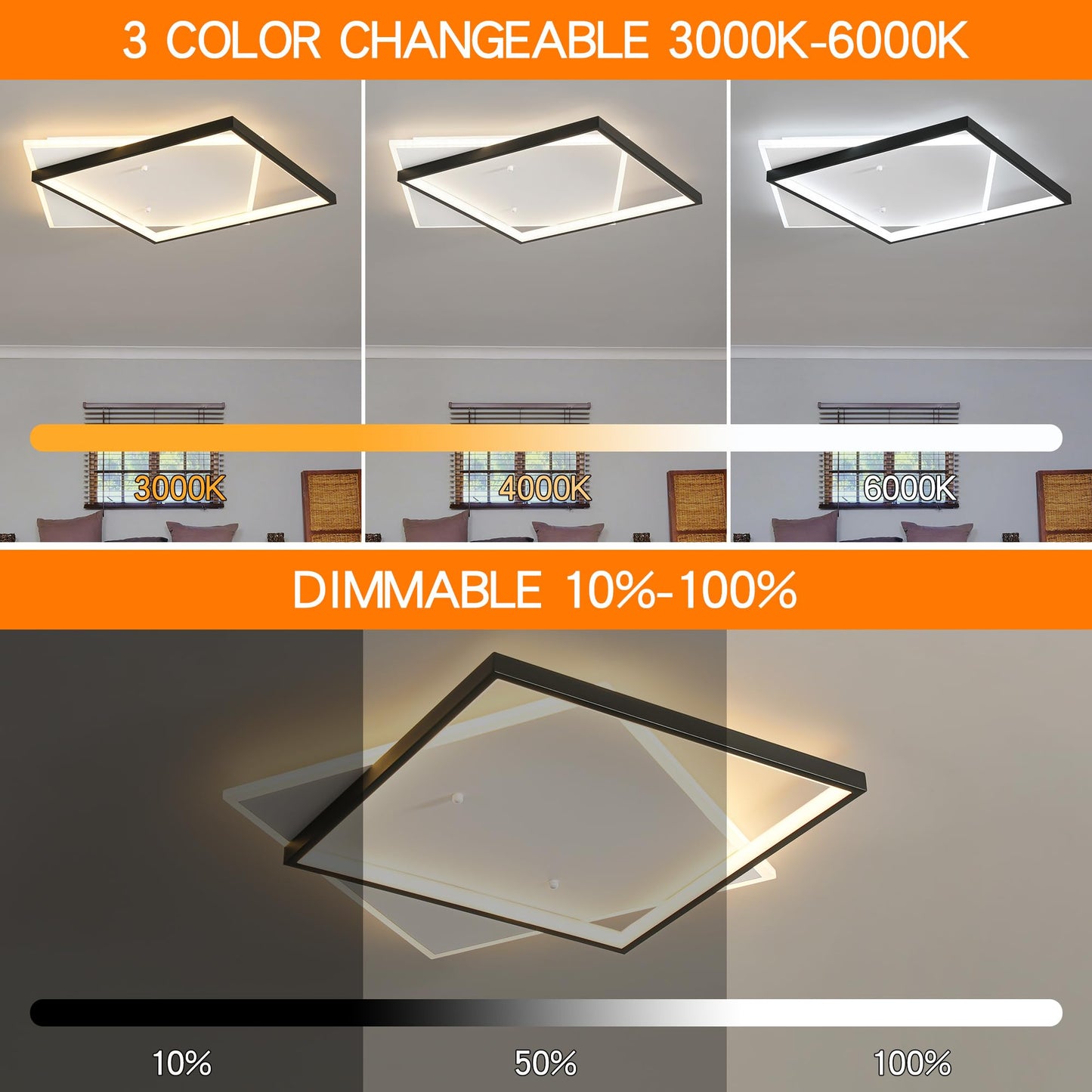 Shine LUEST Black Modern LED Bedroom Ceiling Light Dimmable Flush Mount Ceiling Light Fixture 22" Square Ceiling Lamp with Remote Control Kitchen Lighting Fixture Ceiling,Suitable for Bedroom,Hallways