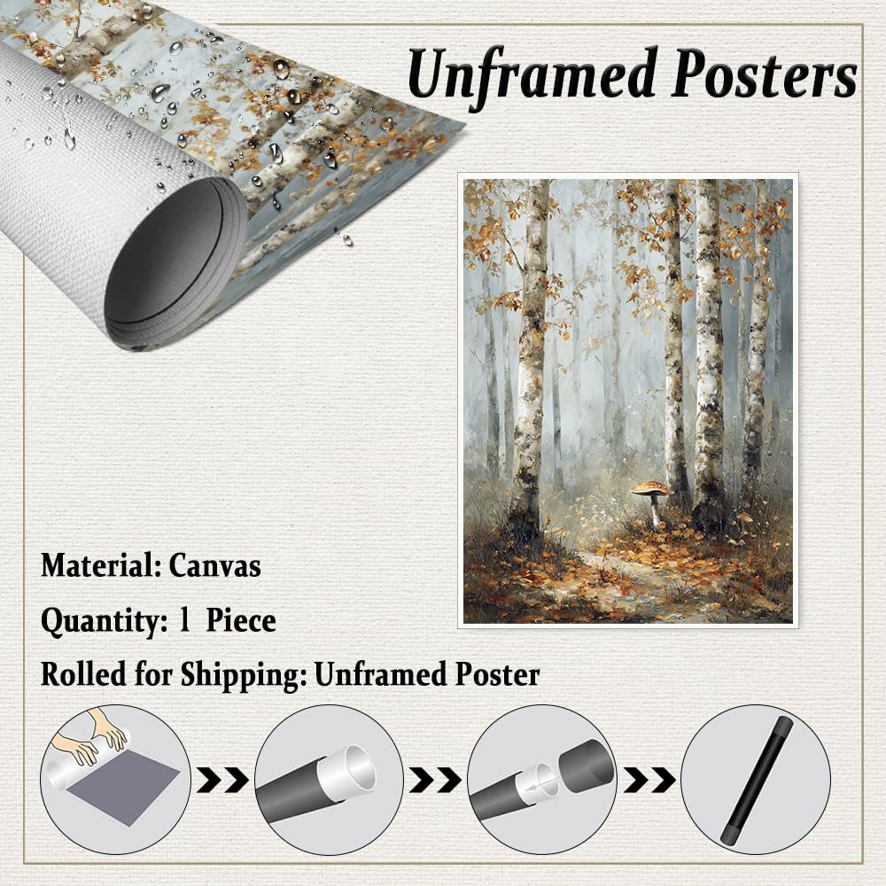 Birch Tree Forest Wall Art – Autumn Canvas Print with Mushroom and Misty Woodland Trail, Rustic Fall Nature Poster for Bedroom or Seasonal Wall Decor 12x16in Unframed