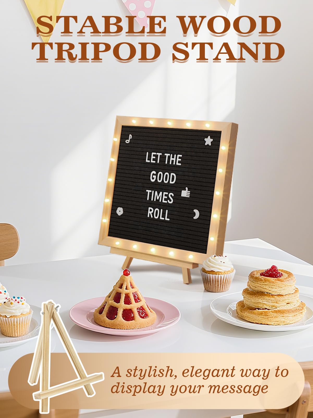 Changeable Felt Letter Board with LED Lights - 10×10" Message Custom Signs & Wood Stand & 450 Letters, Poster Board for Graduation/Baby/Pregnancy Announcement/Classroom Wall Decor Gifts, Black